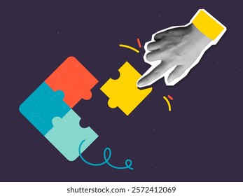 A hand moves a puzzle piece. Modern photo collage style. Vector illustration