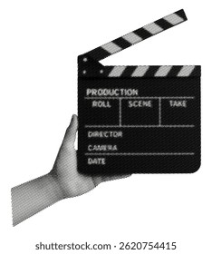 hand with movie clapper board isolated on white background retro halftone grunge dotted cut-out vintage collage element for mixed media design magazine dots pop art style object