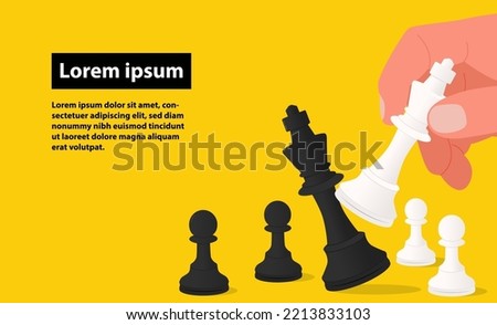 Hand moving chess figure in competition success play. Chess Tournament vector banner design. Vector illustration