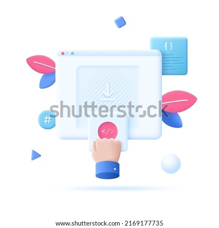 Hand moving digital element and putting it on program window. Concept of drag and drop software builder, app customization, scripting language. Modern vector illustration in pseudo 3d style for banner