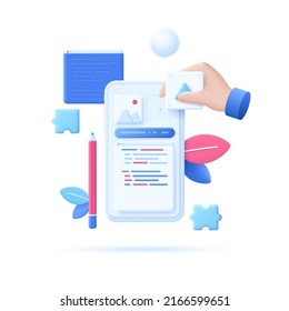 Hand Moving Elements Or Blocks Of App On Smartphone Screen. Concept Of UX Or UI, Creation Of Mobile Application Interface, User Experience Design. Vector Illustration In Pseudo 3d Style For Poster.