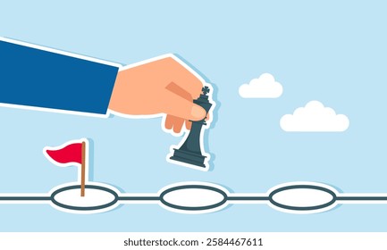 A hand moving a KING chess piece to the next step, illustration of business strategy and progress in the vision of mastering the business field