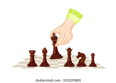 Hand Moving Piece on Chessboard Playing Chess or Strategy Board Game Vector Illustration