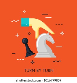 Hand moving white knight chess piece. Turn by turn smart strategy business concept. Board game competition icon. Vector illustration in thin line style for website, banner, poster, advertisement.