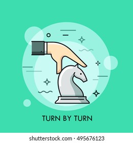 Hand moving white knight chess piece. Turn by turn smart strategy business concept. Board game competition icon. Vector illustration in thin line style for website, banner, poster, advertisement.