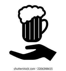 Hand and mug icon. Serving of glass mug of beer with frothy foam . Vector Illustration