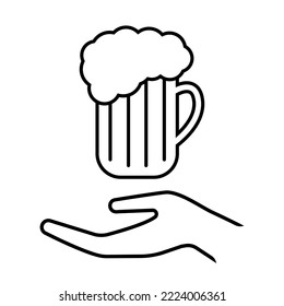 Hand and mug line icon. Serving of glass mug of beer with frothy foam . Vector Illustration