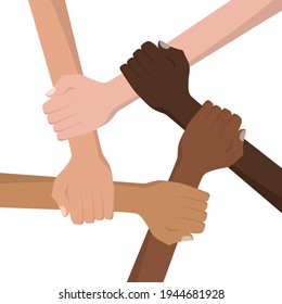 Hand in hand for multi-ethnic unity. isolated on white background. vector illustration in flat style modern design. topview. business teamwork concept.