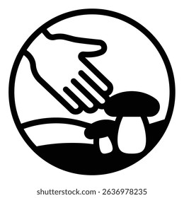 Hand and mushrooms solid icon, eco tourism concept. Vector graphics. Mushroom hunting with human hand sign on white background, style mobile or design