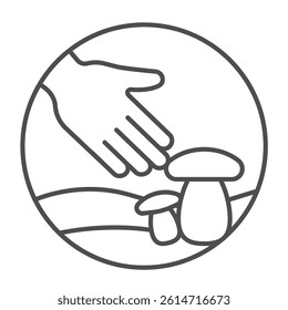 Hand and mushrooms thin line icon, eco tourism concept. Vector graphics. Mushroom hunting with human hand sign on white background, linear style icon for mobile or web design