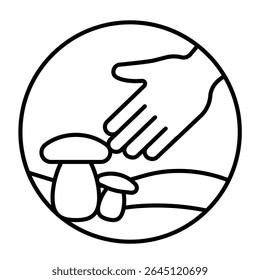 Hand and mushrooms thin line icon, eco tourism concept. Vector graphics. Mushroom hunting with human hand sign on white background, style mobile or design