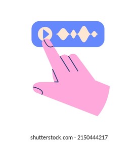 Hand and music player icon. Finger pressing, clicking triangle button for playing audio, podcast. Abstract multimedia app using. Flat graphic vector illustration isolated on white background