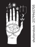 The hand of the Mysteries. The alchemical symbol of apotheosis, the transformation of man into god. Hand drawn medieval esoteric style vector illustration. Tattoo or poster print design