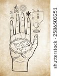 The hand of the Mysteries. The alchemical symbol of apotheosis, the transformation of man into god. Hand drawn medieval esoteric style vector illustration. Tattoo or poster print design