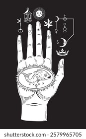 The hand of the Mysteries. The alchemical symbol of apotheosis, the transformation of man into god. Hand drawn medieval esoteric style vector illustration. Tattoo or poster print design