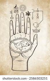 The hand of the Mysteries. The alchemical symbol of apotheosis, the transformation of man into god. Hand drawn medieval esoteric style vector illustration. Tattoo or poster print design