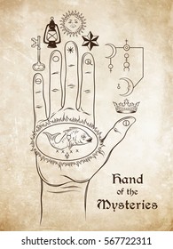 The hand of the Mysteries. The alchemical symbol of apotheosis, the transformation of man into god. Hand drawn medieval esoteric style vector illustration. Tattoo or poster print design