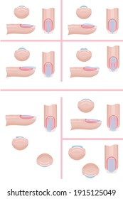 Hand nail care. The technique of applying the base layer of manicure, mistakes. Illustration for the manicure guide. Vector illustration