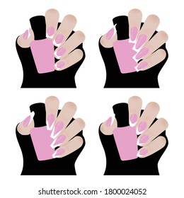 Hand mit Nagellack. Reihe von Nägeln Formen - oval, quadratisch, Mandeln, Stiletto, Ballerina, Squoval. Einzeln auf weißem Hintergrund.