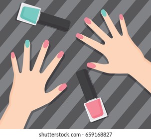 Hand and Nail Polish layout template for coloring on stripe background. Pink and mint lacquer color on ring finger's nail. Nail polish bottle on the ground.