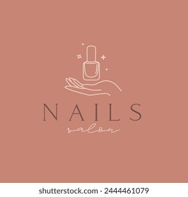 Hand mit Nagellack und Schriftzug Nägel Salon Zeichnung im linearen Stil auf Korallen Hintergrund