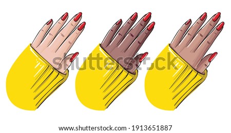 Hand nails new manicure, red polish cover art. Womn hand in different skintones showing new beauty procedure Vector 