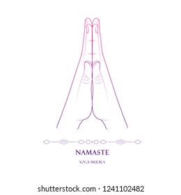 Hand in Namaste yoga mudra with gradient stroke on a white background. Yogic hand gesture.Vector illustration