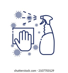 Hand with napkin and bottle of disinfectant vector outline icon. Sanitary treatment of surfaces. Collection of stylish monochrome medical illustrations on the theme of healthcare isolated on white. 