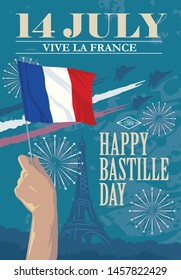 Hand with national flag of France on Eiffel tower background. Happy Bastille Day. Vector illustration.