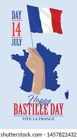 Hand with national flag on background of map of France. Happy Bastille Day. Vector illustration