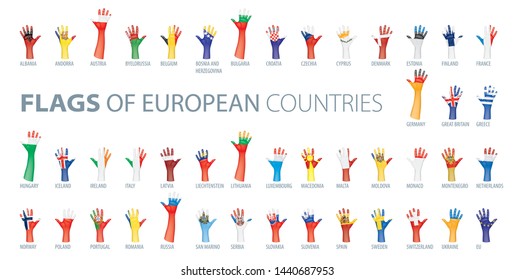 Hand and national flag. Vector illustration of a set of European flags