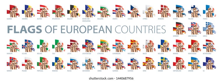 Hand and national flag. Vector illustration of a set of European flags