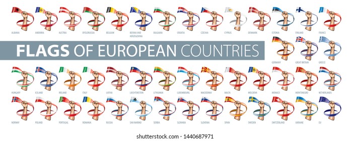 Hand and national flag. Vector illustration of a set of European flags