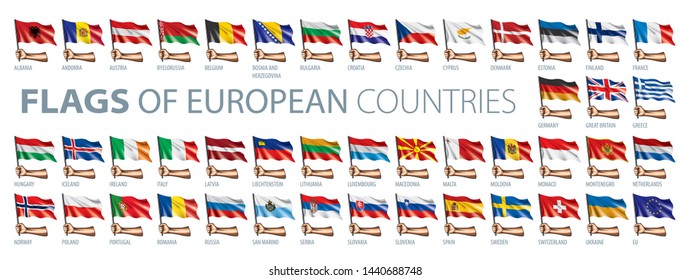 Hand and national flag. Vector illustration of a set of European flags - Shutterstock ID 1440688748