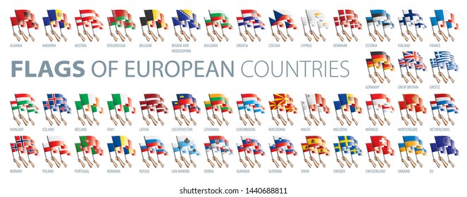 Hand and national flag. Vector illustration of a set of European flags