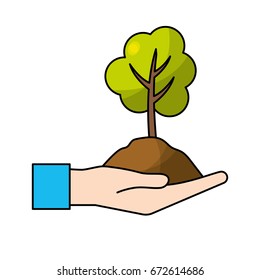 hand with natural tree and ground icon