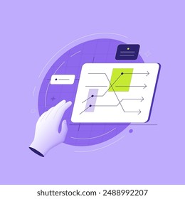 Hand near frame with graphs on purple background. Market trends 3D linear illustration concept. Potential profitable deals prediction metaphor abstract flat vector graphic