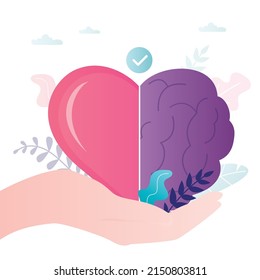 Hand neatly holds half of heart and mind. Balance of feelings and rational thinking. Harmony in work of brain and heart. Successful connection of intellect, emotional factor. Flat vector illustration