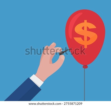 Hand with a needle about to pop a red balloon with a dollar sign, representing market crash, inflation, financial risk, and economic instability.