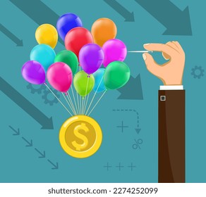 Hand with a needle bursts balloons with a dollar coin. Financial and economic crisis. Business bankruptcy. Vector illustration.