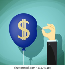 Hand with needle pierces the balloon. Dollar currency symbol. Stock vector illustration.