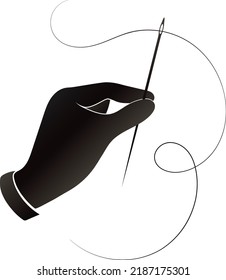 Hand with a needle and thread. Design for the clothing fashion industry