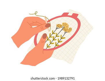 Hand with needle and thread embroidering flowers on canvas in embroidery hoop. Creation of handmade needlework in frame rings. Flat vector illustration of DIY needlecraft isolated on white