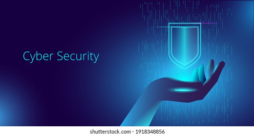 A hand in neon light holds a levitating virtual shield. Template for a horizontal vector banner on the topic of cybersecurity.