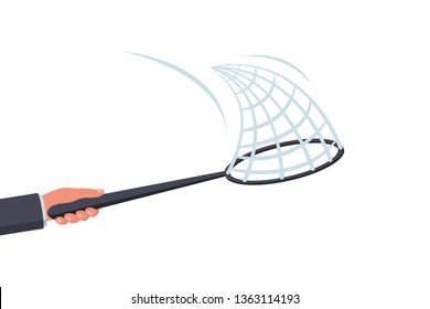 Hand with a net. Vector illustration flat design. Isolated on white background. Net for catching butterflies with handle.
