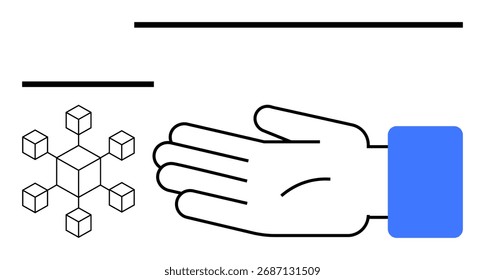 Mano, red de cubos conectados. Ideal para tecnología, comunicación digital, conectividad, interacción humana, internet, Asistencia de redes Línea metáfora