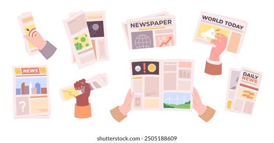 Mano con el periódico. Personas leyendo noticias diarias o semanales en prensa periódica. Publicaciones de los medios de comunicación, periódicos de papel, revistas de Vector picante Clipart