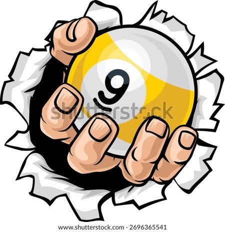Hand nine ball pool billiards sports mascot holding a 9 ball cartoon illustration