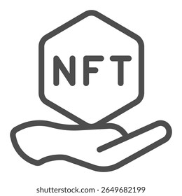Hand with non fungible token line icon, NFT multiverse concept. Vector graphics. Token file in hand sign on white background, outline style icon for mobile or web design