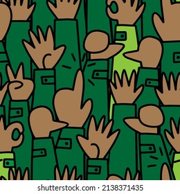 hand non verbal sign language cartoon style drawn human hands colorful green brown and black vector seamless pattern